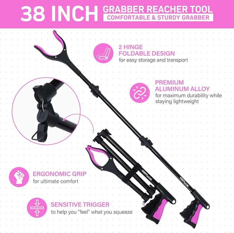 GrabRunner 38" Extra Long Grabber Reacher Tool – 2 Pack Foldable Reacher Grabber Pickup Tools with 360° Rotating Jaw & Magnet - Heavy Duty Pick Up Grabbers for Seniors, Trash, Surgery Recovery (Pink Pink) - Image 4